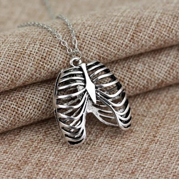 Gothic Punk Victorian Ribcage Bones Silver Pendant Chain Necklace - Picture 1 of 6